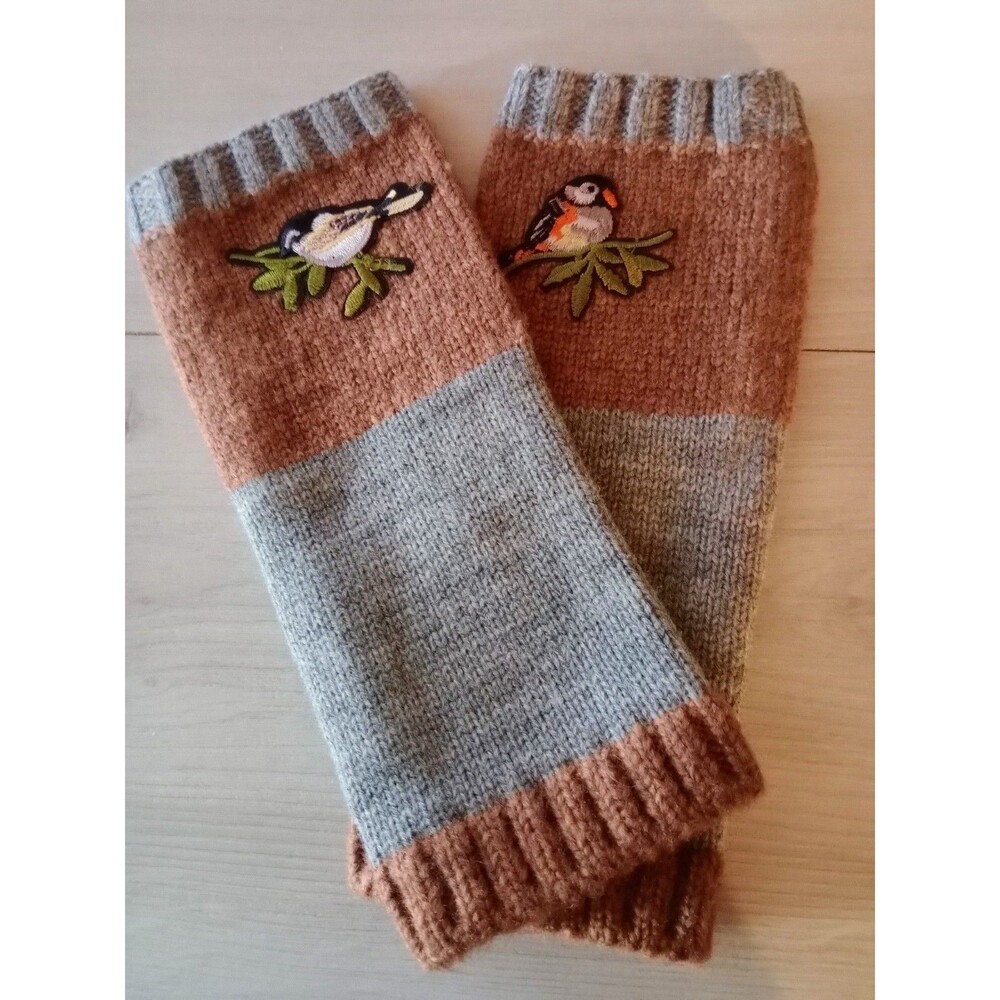Women's Wrist Warmers Embroidered Colorful Birds Gray Brown Winter Snow Days New